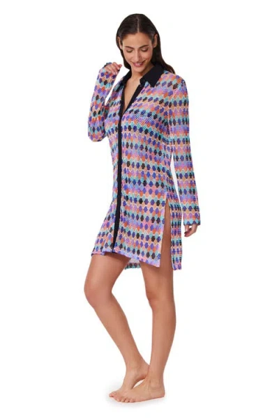 Profile By Gottex Retro Riviera Netted Crochet Buttoned Tunic Cover-up In Multi