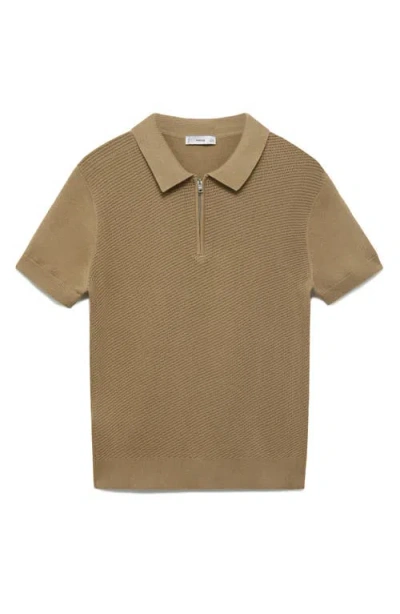 Mango Openwork Zip Polo In Neutral