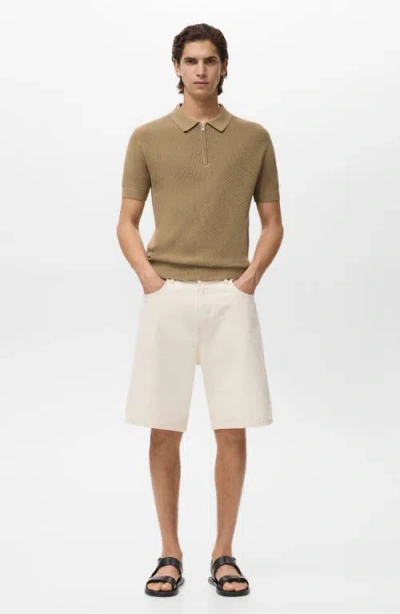 Mango Openwork Zip Polo In Neutral