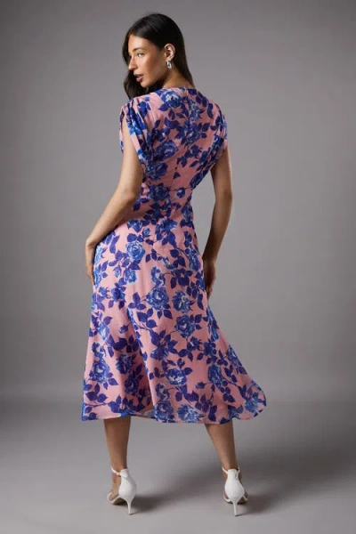 Coast Cap Sleeve Floral Chiffon Midi Dress In Blue