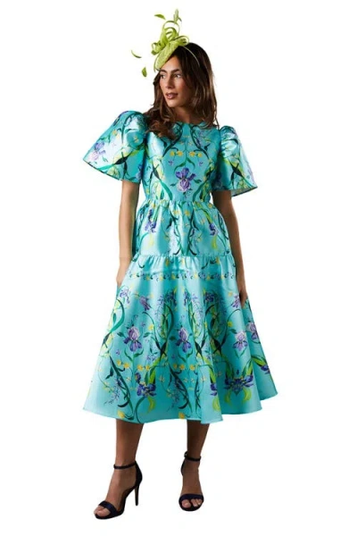 Coast Twill Puff Sleeve Printed Midi Dress In Blue