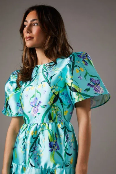 Coast Twill Puff Sleeve Printed Midi Dress In Blue