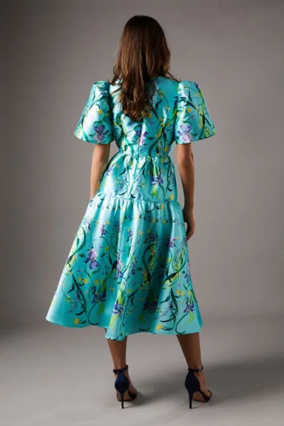 Coast Twill Puff Sleeve Printed Midi Dress In Blue