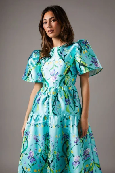 Coast Twill Puff Sleeve Printed Midi Dress In Blue