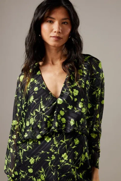 Warehouse Shadow Stripe Floral Batwing Midi Dress In Black