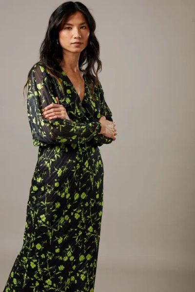 Warehouse Shadow Stripe Floral Batwing Midi Dress In Black