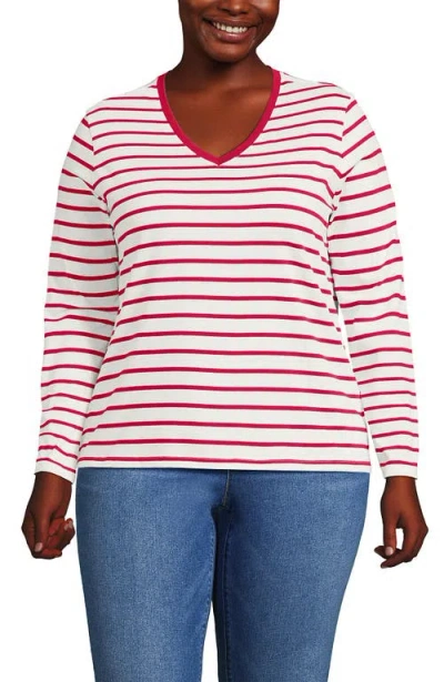 Lands' End Plus Size Relaxed Supima Cotton Long Sleeve V-neck T-shirt In Red