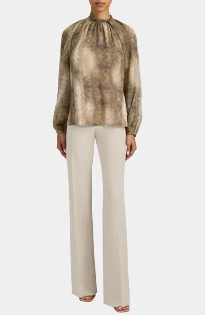 Santorelli Dakota Mock Neck Printed Blouse With Long Lantern Sleeves In Brown