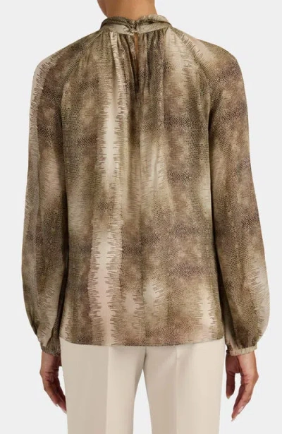 Santorelli Dakota Mock Neck Printed Blouse With Long Lantern Sleeves In Brown