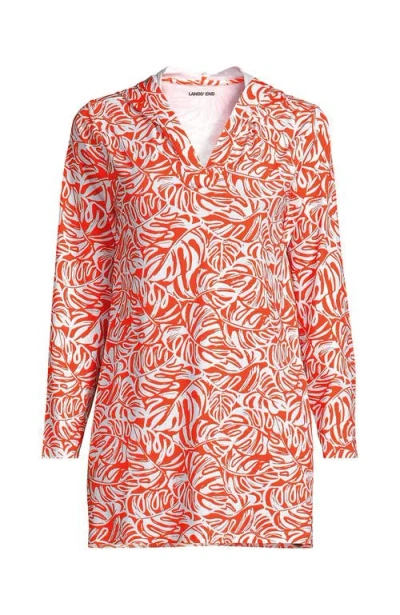 Lands' End Cotton Jersey Long Sleeve Hooded Swim Cover-up Dress In Pink