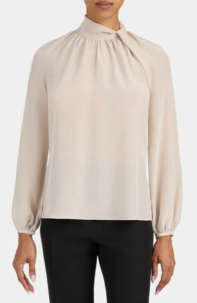 Santorelli Dakota Silk Mock Neck Blouse With Long Lantern Sleeves In Neutral
