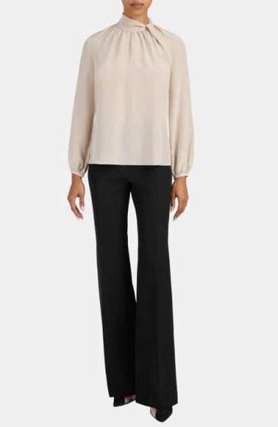 Santorelli Dakota Silk Mock Neck Blouse With Long Lantern Sleeves In Neutral