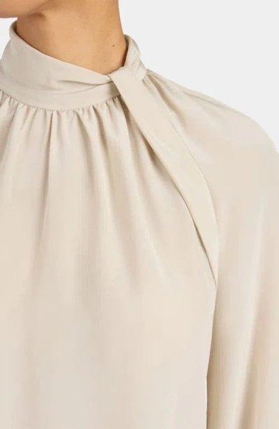 Santorelli Dakota Silk Mock Neck Blouse With Long Lantern Sleeves In Neutral