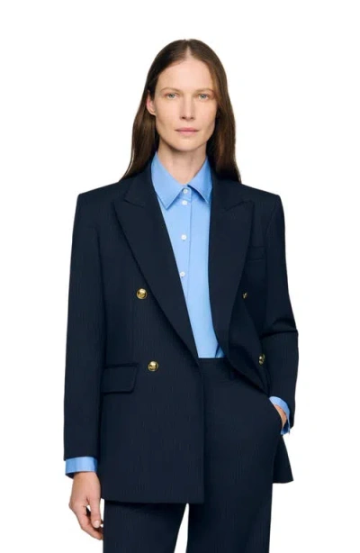 Sandro Womens Navy Blue Pinstripe Long-sleeve Wool-blend Blazer