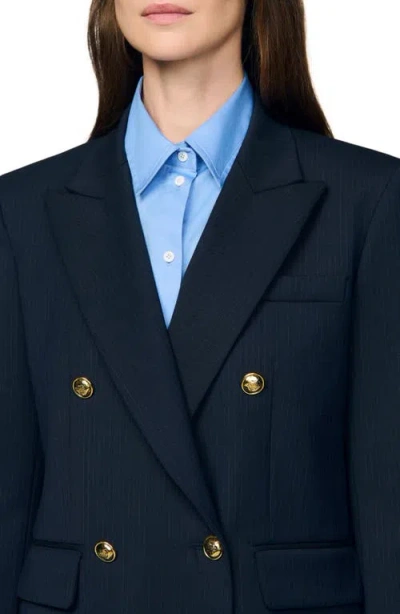 Sandro Womens Navy Blue Pinstripe Long-sleeve Wool-blend Blazer