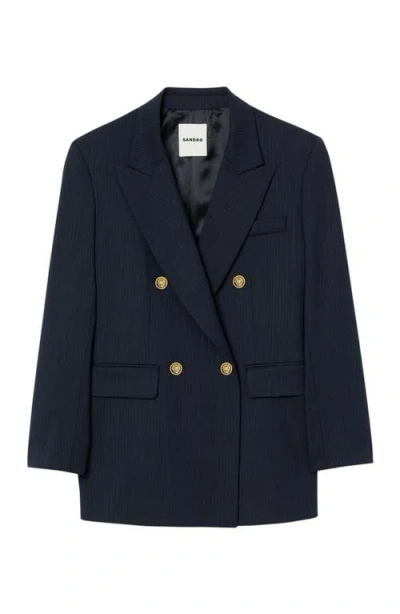 Sandro Womens Navy Blue Pinstripe Long-sleeve Wool-blend Blazer