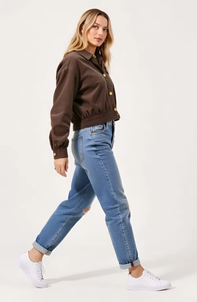 Modenaire Cropped Collared Button-up Stretch Hem Jacket In Brown