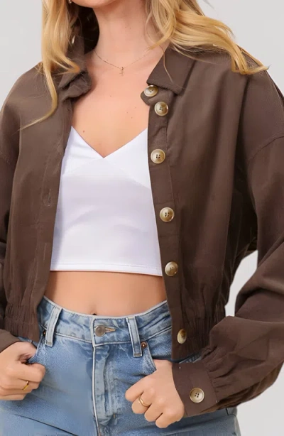 Modenaire Cropped Collared Button-up Stretch Hem Jacket In Brown