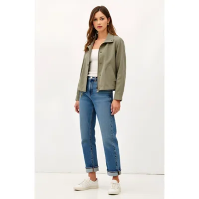 Modenaire Cropped Utility Jacket With Snap Buttons And Adjustable Drawstring Hem In Green
