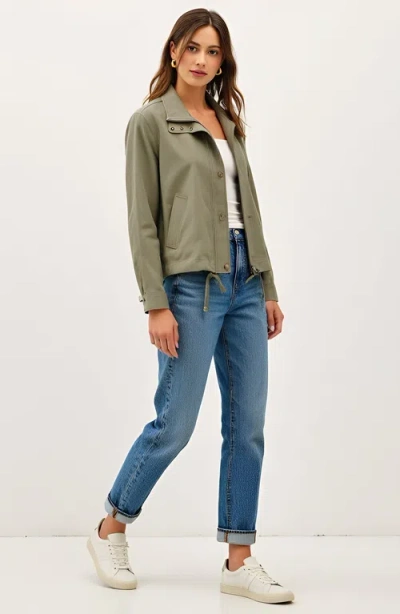 Modenaire Cropped Utility Jacket With Snap Buttons And Adjustable Drawstring Hem In Green