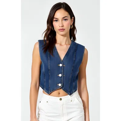Modenaire Denim Vest With Front Buttons And Angled Hem Detail In Blue
