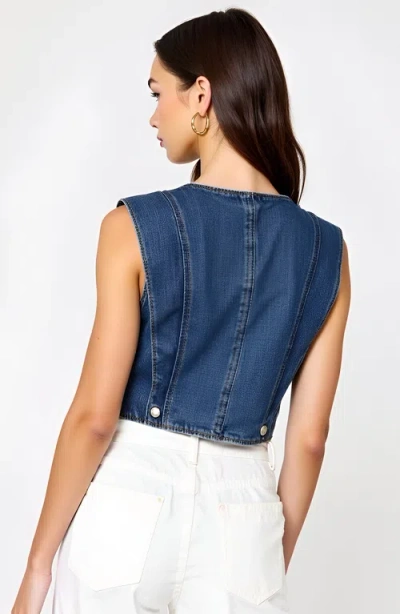 Modenaire Denim Vest With Front Buttons And Angled Hem Detail In Blue