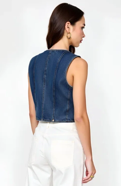 Modenaire Denim Vest With Front Buttons And Angled Hem Detail In Blue