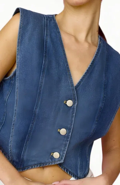 Modenaire Denim Vest With Front Buttons And Angled Hem Detail In Blue