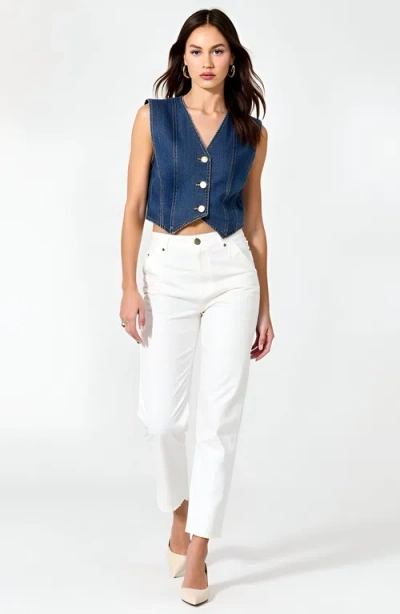 Modenaire Denim Vest With Front Buttons And Angled Hem Detail In Blue