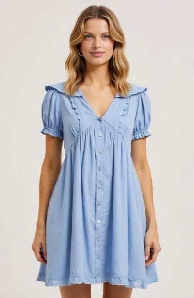 Modenaire Button-front Mini Dress With Lace Trim Puff Sleeves And Ruffle Details In Blue
