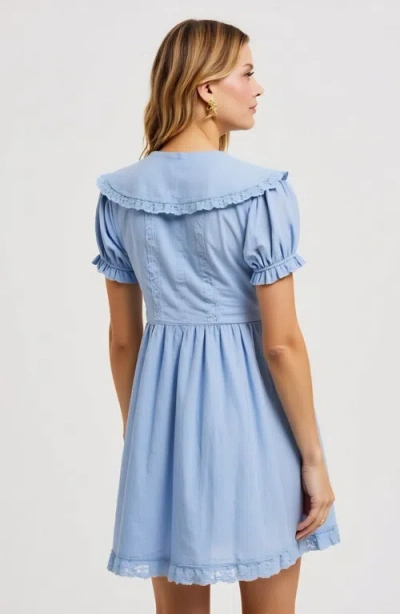 Modenaire Button-front Mini Dress With Lace Trim Puff Sleeves And Ruffle Details In Blue
