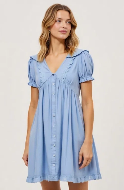 Modenaire Button-front Mini Dress With Lace Trim Puff Sleeves And Ruffle Details In Blue