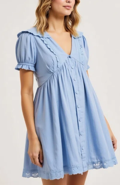 Modenaire Button-front Mini Dress With Lace Trim Puff Sleeves And Ruffle Details In Blue