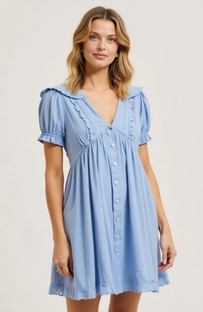 Modenaire Button-front Mini Dress With Lace Trim Puff Sleeves And Ruffle Details In Blue