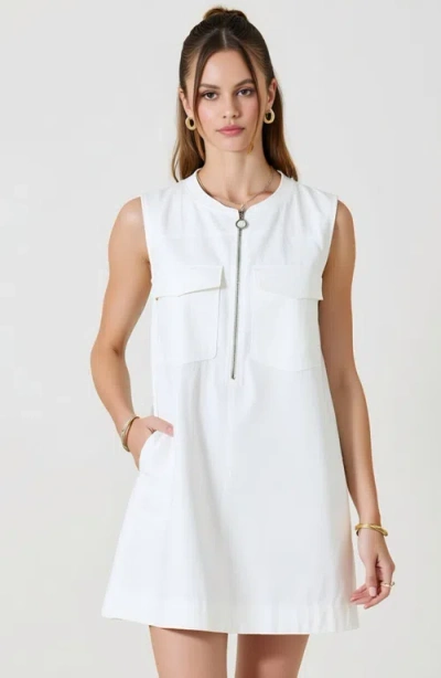 Modenaire Sleeveless Mini Dress With Zip Front And Patch Pockets In White