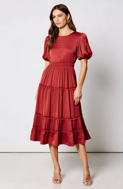 Modenaire Tiered Midi Dress With Puff Sleeves And Shirred Elastic Waistband In Red