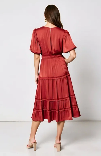 Modenaire Tiered Midi Dress With Puff Sleeves And Shirred Elastic Waistband In Red