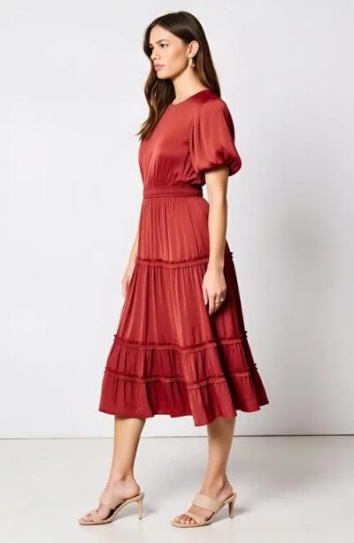 Modenaire Tiered Midi Dress With Puff Sleeves And Shirred Elastic Waistband In Red