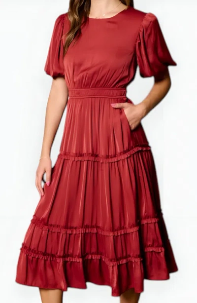 Modenaire Tiered Midi Dress With Puff Sleeves And Shirred Elastic Waistband In Red
