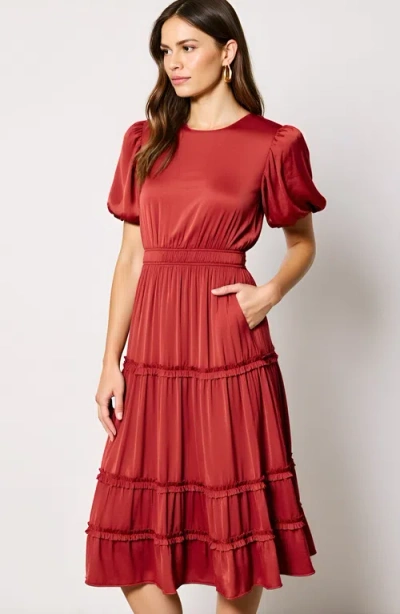 Modenaire Tiered Midi Dress With Puff Sleeves And Shirred Elastic Waistband In Red