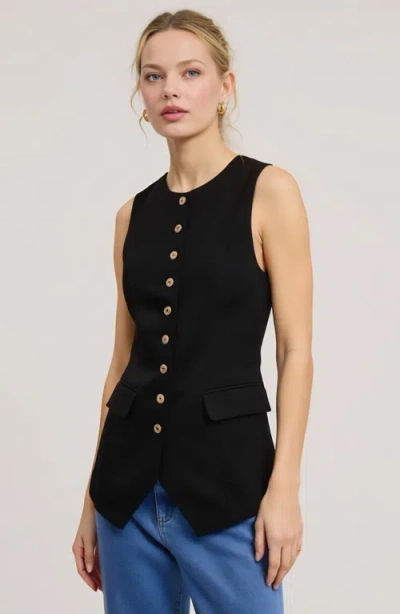Modenaire Longline Sleeveless Button Vest With Flap Pockets And Tailored Hem In Black