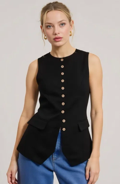 Modenaire Longline Sleeveless Button Vest With Flap Pockets And Tailored Hem In Black