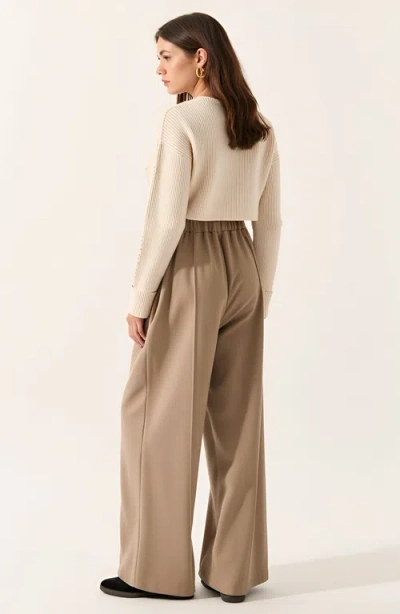Modenaire Wide-leg Front-seam Elastic Drawstring Waist Trousers In Brown