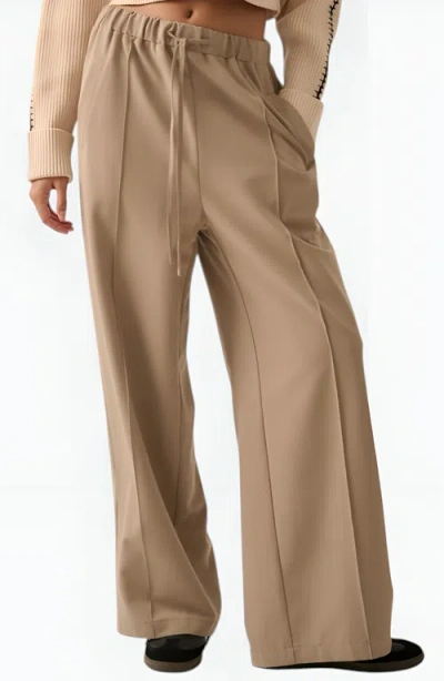 Modenaire Wide-leg Front-seam Elastic Drawstring Waist Trousers In Brown