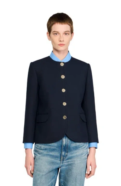 Sandro Womens Navy Blue Round-neck Side-pocket Woven Jacket