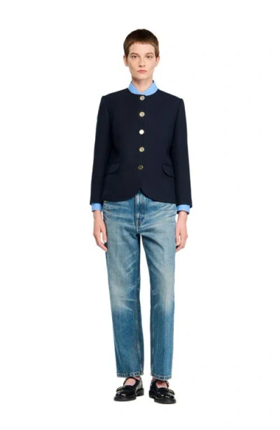Sandro Womens Navy Blue Round-neck Side-pocket Woven Jacket