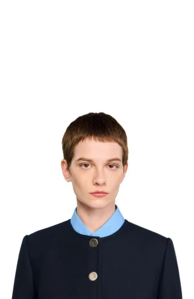 Sandro Womens Navy Blue Round-neck Side-pocket Woven Jacket