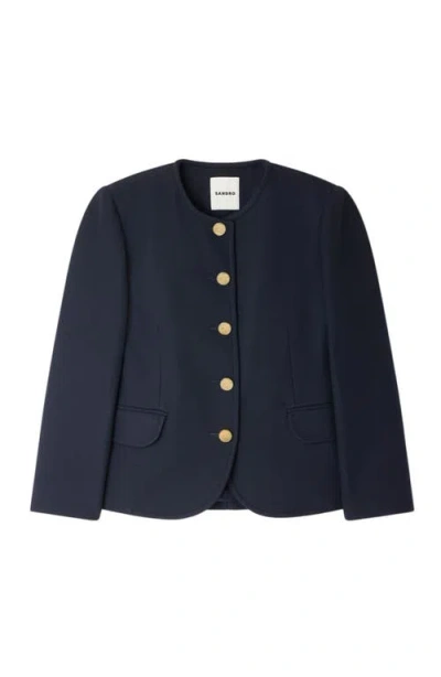 Sandro Womens Navy Blue Round-neck Side-pocket Woven Jacket