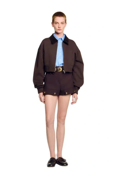 Sandro Cropped Dual-fabric Sweatshirt In Brown