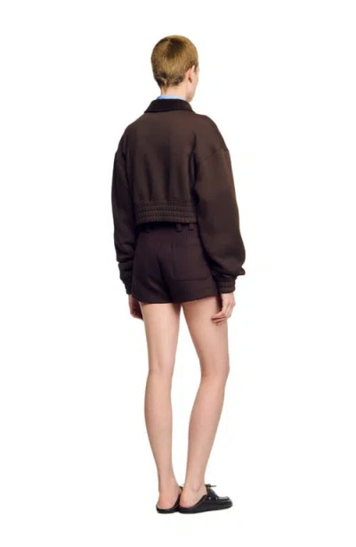 Sandro Cropped Dual-fabric Sweatshirt In Brown